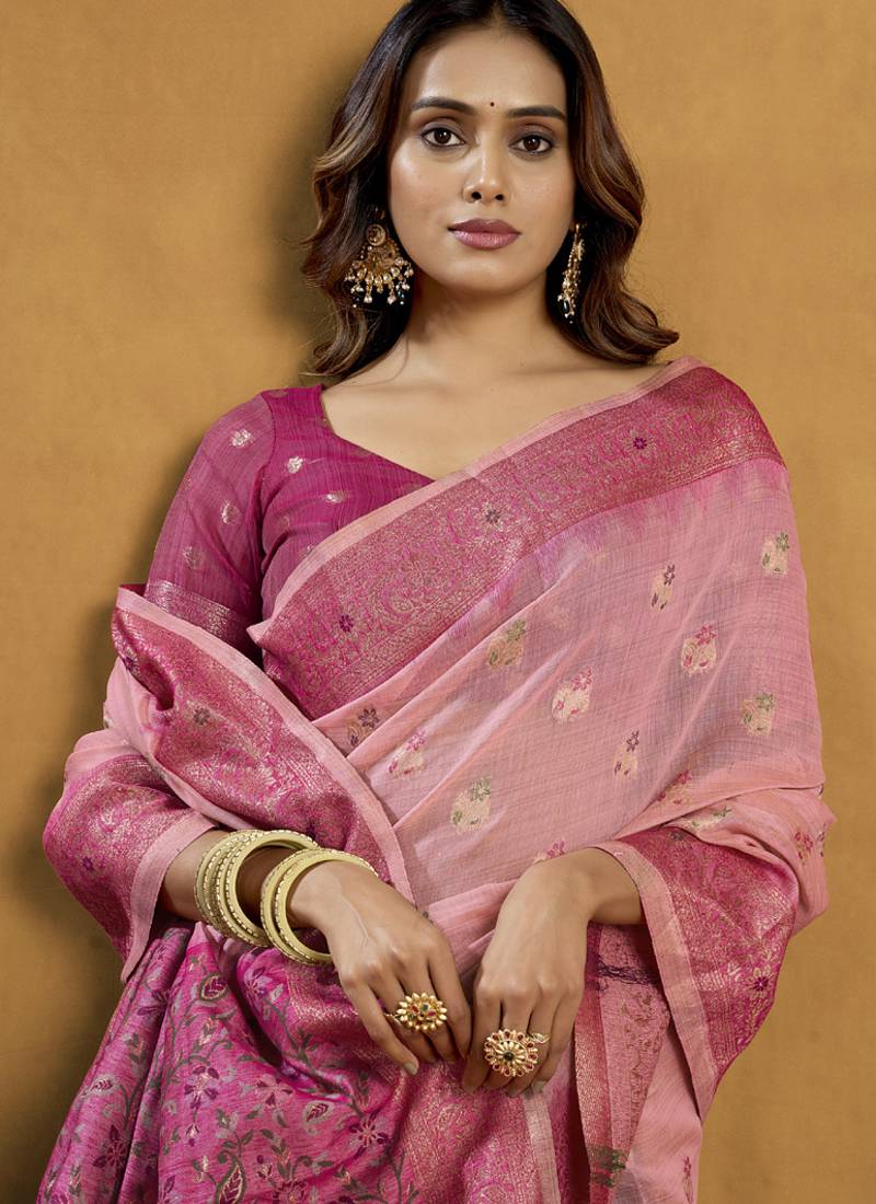 Shaded peach & pink spun cotton zari saree with rich pallu