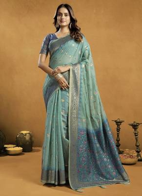 Shaded turquoise  & blue spun cotton zari saree with rich pallu 1