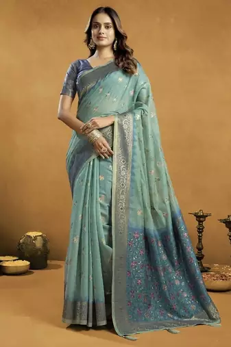 Shaded turquoise  & blue spun cotton zari saree with rich pallu