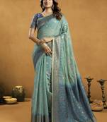 Shaded turquoise  & blue spun cotton zari saree with rich pallu