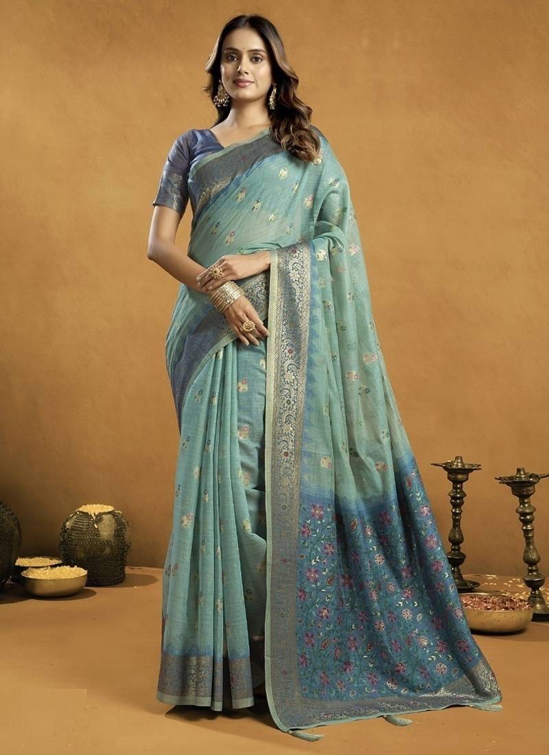 Shaded turquoise  & blue spun cotton zari saree with rich pallu
