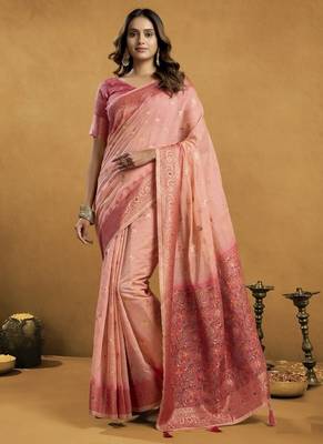 Shaded peach spun cotton zari saree with rich pallu 1
