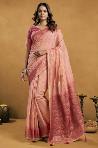 Shaded peach spun cotton zari saree with rich pallu