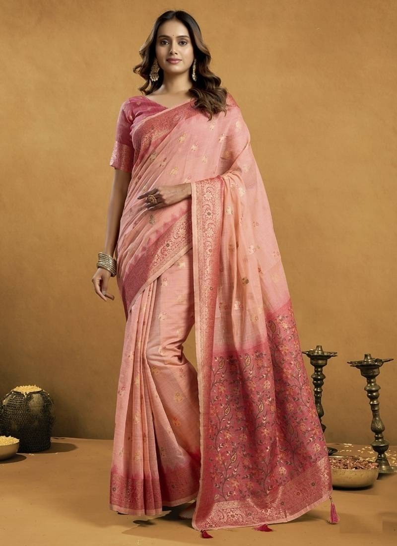 Shaded peach spun cotton zari saree with rich pallu