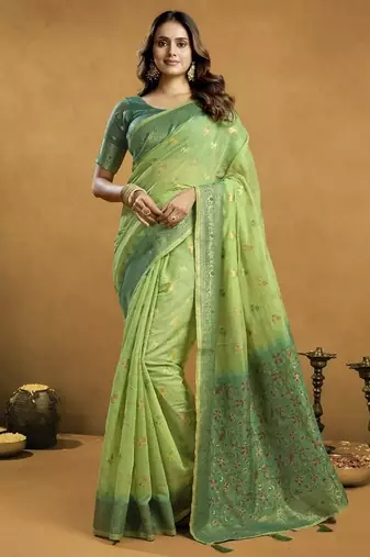 Shaded green spun cotton zari saree with rich pallu