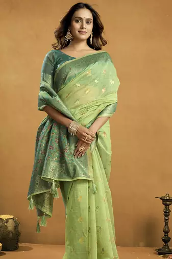 Shaded green spun cotton zari saree with rich pallu