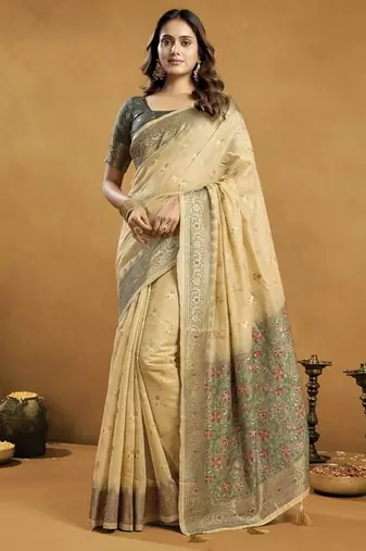 Shaded gray & beige spun cotton zari saree with rich pallu
