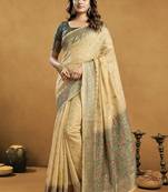 Shaded gray & beige spun cotton zari saree with rich pallu