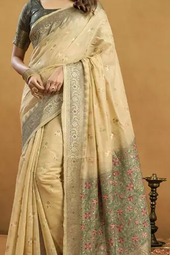 Shaded gray & beige spun cotton zari saree with rich pallu