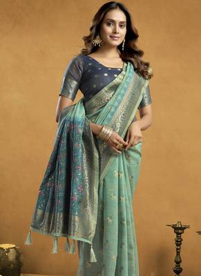 Shaded turquoise  & blue spun cotton zari saree with rich pallu 3