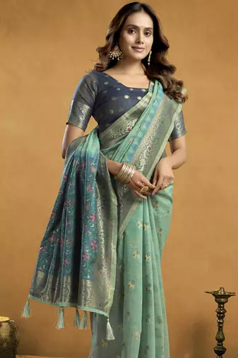 Shaded turquoise  & blue spun cotton zari saree with rich pallu