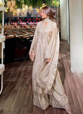 Cream colour heavy chinon silk sharara suit set with embroidery 1