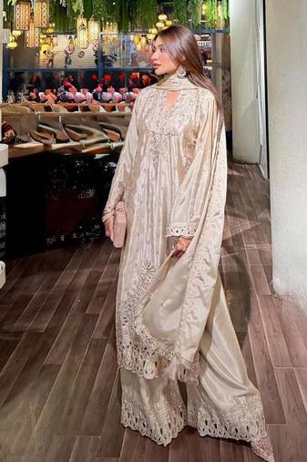 Cream colour heavy chinon silk sharara suit set with embroidery
