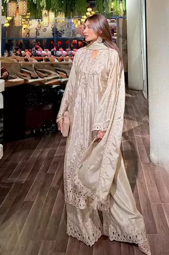 Cream colour heavy chinon silk sharara suit set with embroidery