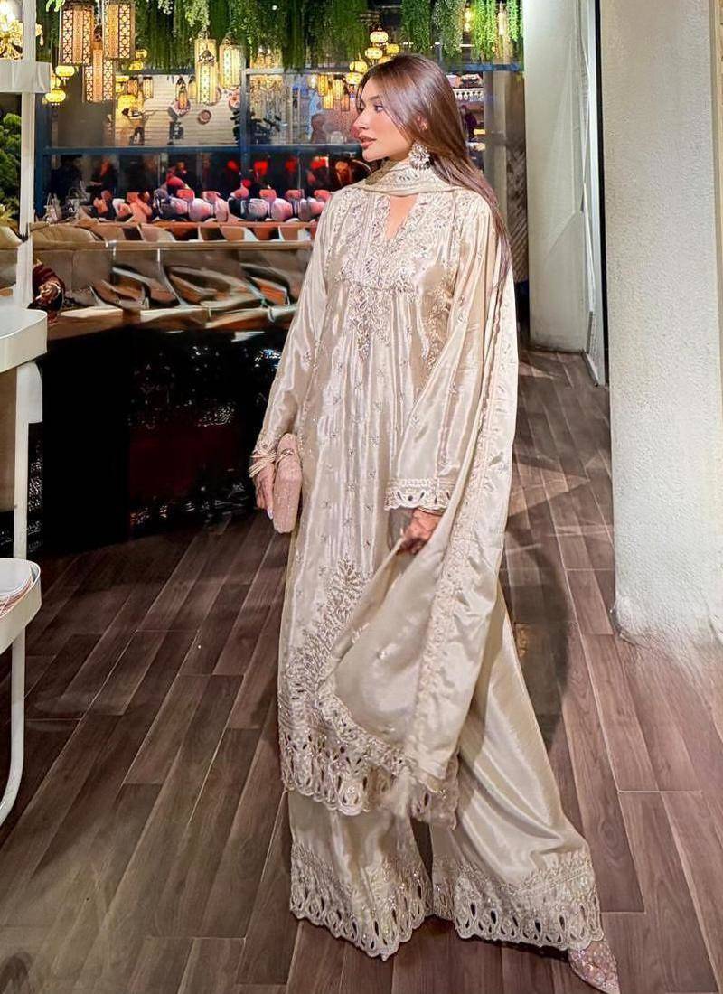 Cream colour heavy chinon silk sharara suit set with embroidery