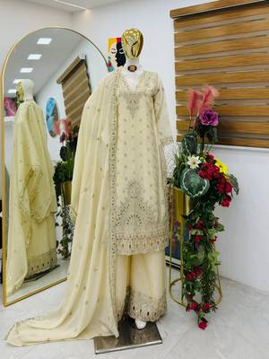 Cream colour heavy chinon silk sharara suit set with embroidery 2