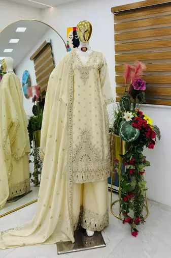Cream colour heavy chinon silk sharara suit set with embroidery