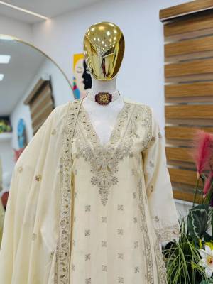 Cream colour heavy chinon silk sharara suit set with embroidery 3