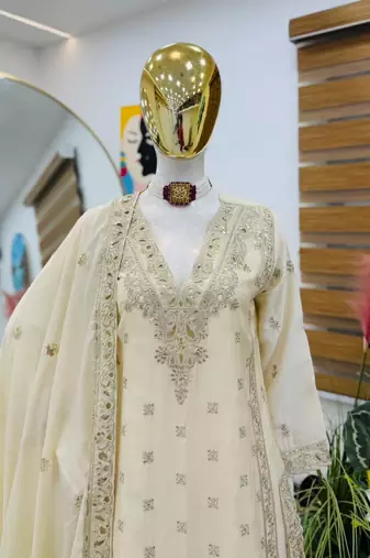 Cream colour heavy chinon silk sharara suit set with embroidery