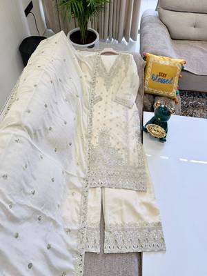 Cream colour heavy chinon silk sharara suit set with embroidery 4