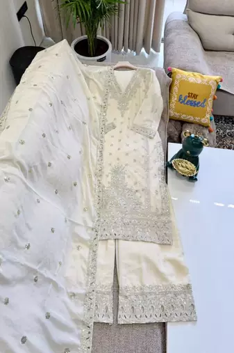 Cream colour heavy chinon silk sharara suit set with embroidery
