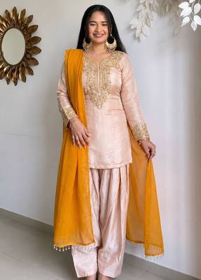 Pink colour heavy satin glass farshi suit set with embroidery & moti work dupatta 1