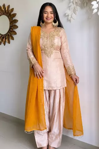 Pink colour heavy satin glass farshi suit set with embroidery & moti work dupatta