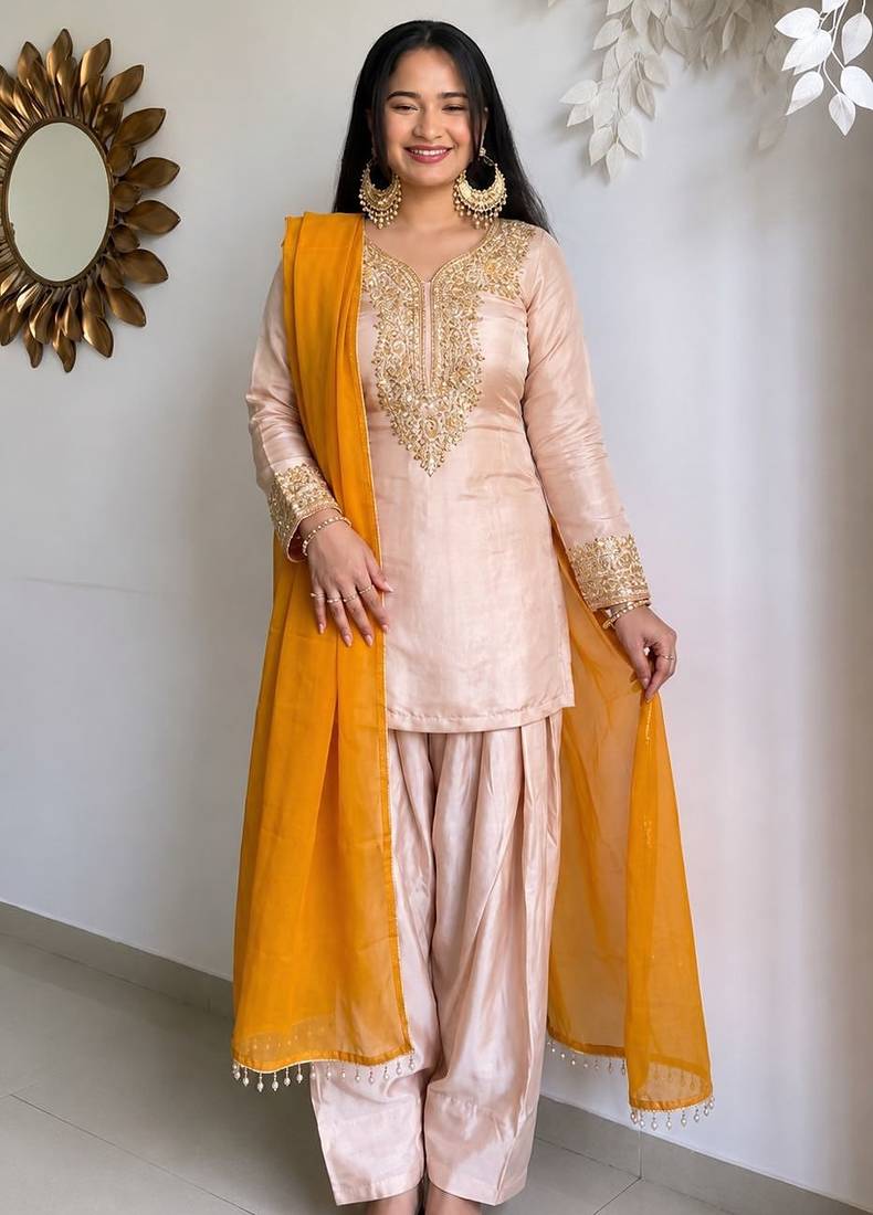 Pink colour heavy satin glass farshi suit set with embroidery & moti work dupatta