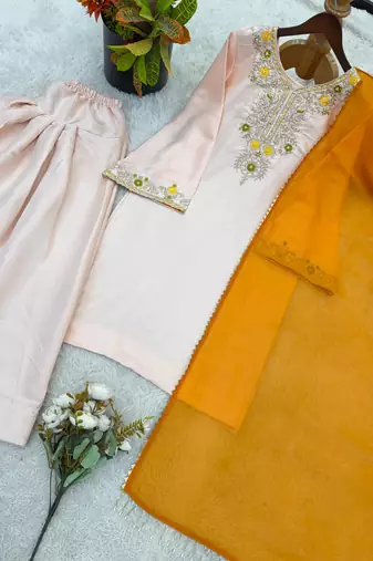 Pink colour heavy satin glass farshi suit set with embroidery & moti work dupatta