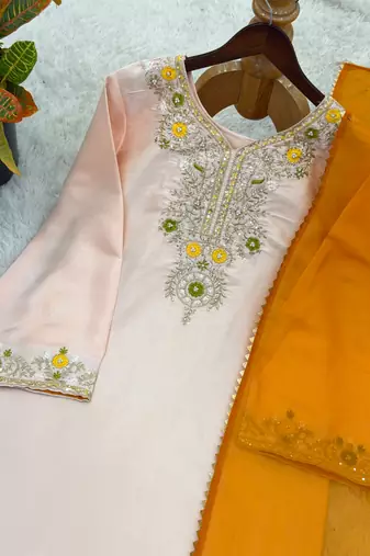 Pink colour heavy satin glass farshi suit set with embroidery & moti work dupatta