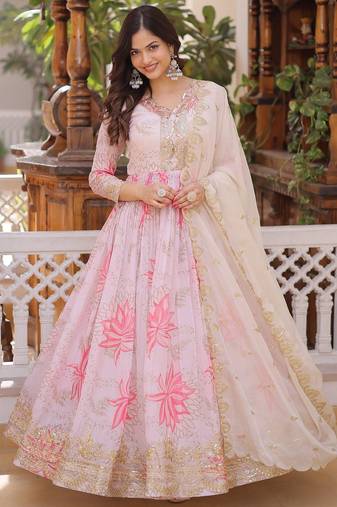 Ivory colour russian silk anarkali gown with zari sequins embroidery dupatta