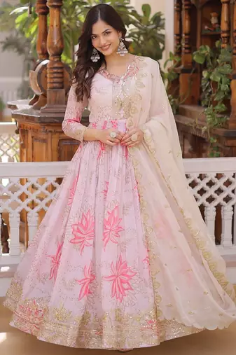 Ivory colour russian silk anarkali gown with zari sequins embroidery dupatta