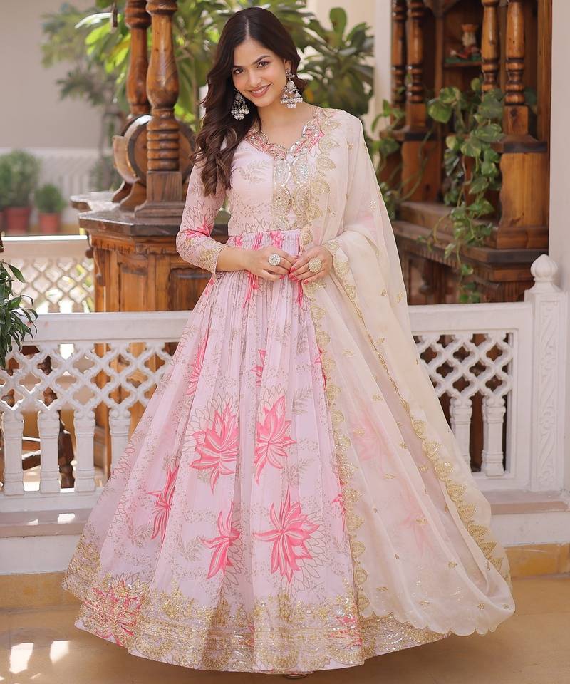 Ivory colour russian silk anarkali gown with zari sequins embroidery dupatta