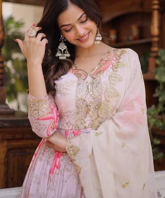 Ivory colour russian silk anarkali gown with zari sequins embroidery dupatta 2