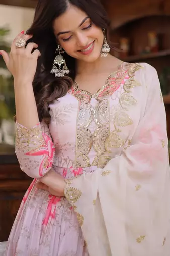 Ivory colour russian silk anarkali gown with zari sequins embroidery dupatta