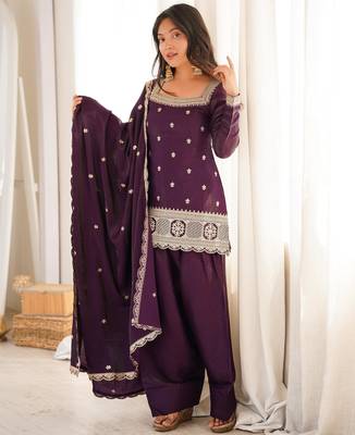 Purple colour glass roman silk embroidery suit set with dupatta 1