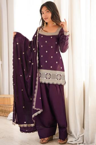 Purple colour glass roman silk embroidery suit set with dupatta