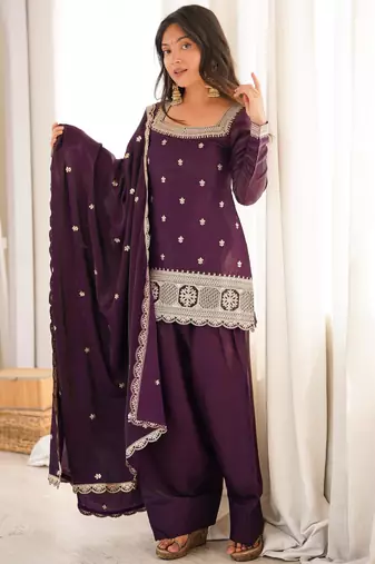 Purple colour glass roman silk embroidery suit set with dupatta