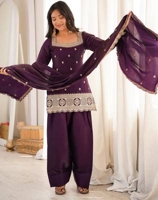 Purple colour glass roman silk embroidery suit set with dupatta 2