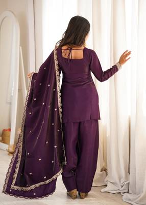Purple colour glass roman silk embroidery suit set with dupatta 3