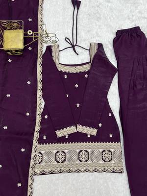 Purple colour glass roman silk embroidery suit set with dupatta 4