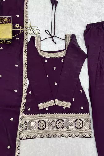 Purple colour glass roman silk embroidery suit set with dupatta