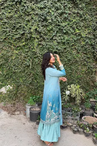 Sky blue colour chinon silk kurti palazzo set with sequins embroidery dupatta