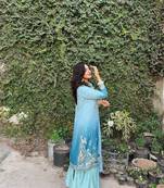 Sky blue colour chinon silk kurti palazzo set with sequins embroidery dupatta