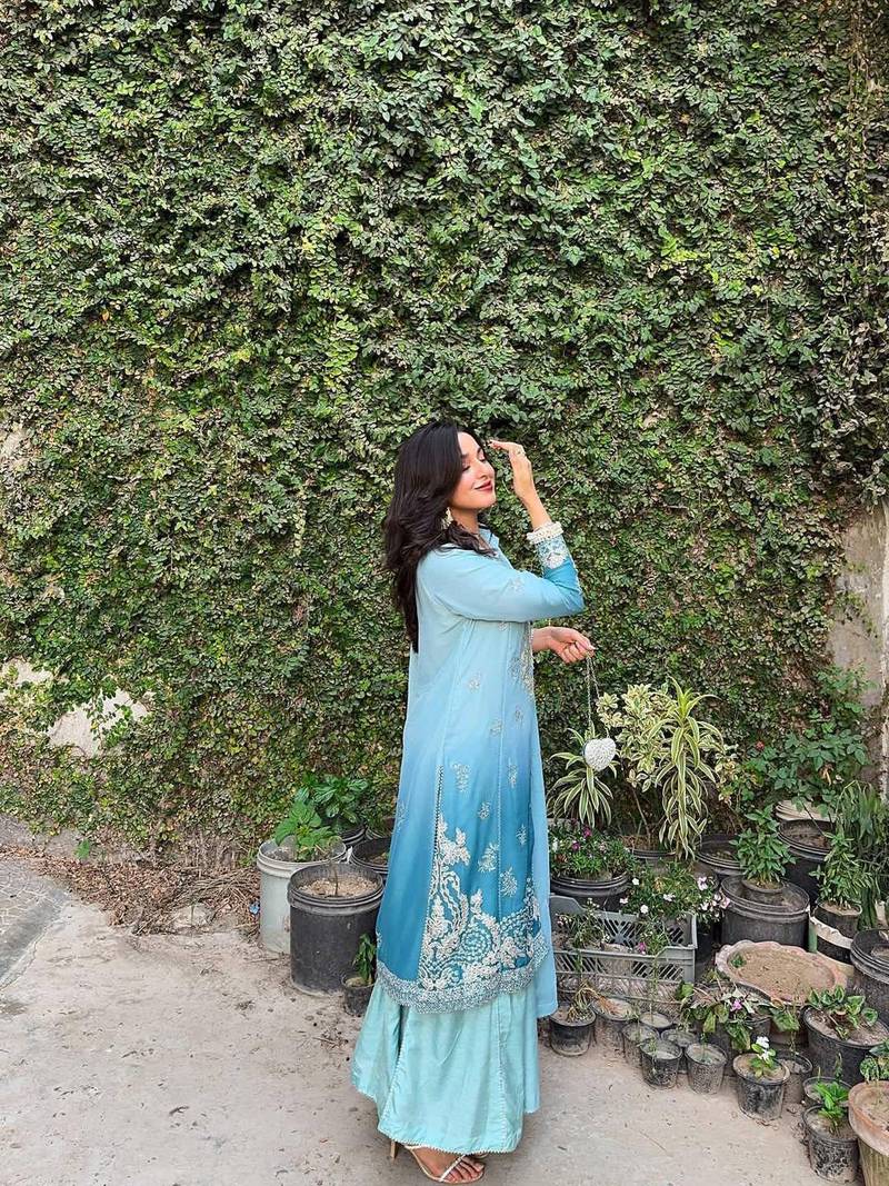 Sky blue colour chinon silk kurti palazzo set with sequins embroidery dupatta