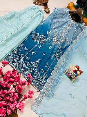Sky blue colour chinon silk kurti palazzo set with sequins embroidery dupatta 2