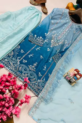 Sky blue colour chinon silk kurti palazzo set with sequins embroidery dupatta