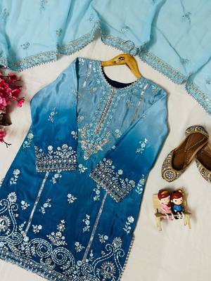 Sky blue colour chinon silk kurti palazzo set with sequins embroidery dupatta 3