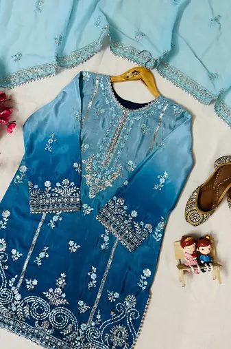 Sky blue colour chinon silk kurti palazzo set with sequins embroidery dupatta