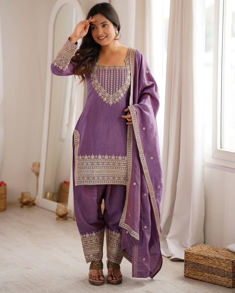 Vichitra silk embroidery sequins work pink readymade salwar suit